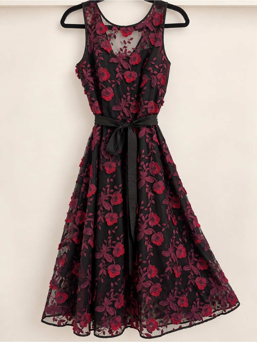 White House Black Market Black Dress with Red Floral Embroidery